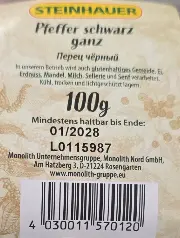 Steinhauer Pfeffer schwarz ganz 100 g
